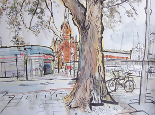 lucinda rogers drawing ink watercolour king's cross london tree