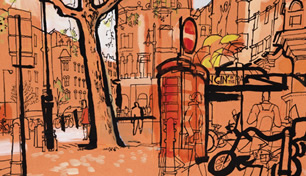 lucinda rogers drawing london Cambridge Circus Palace Theatre red phonebooth street scene