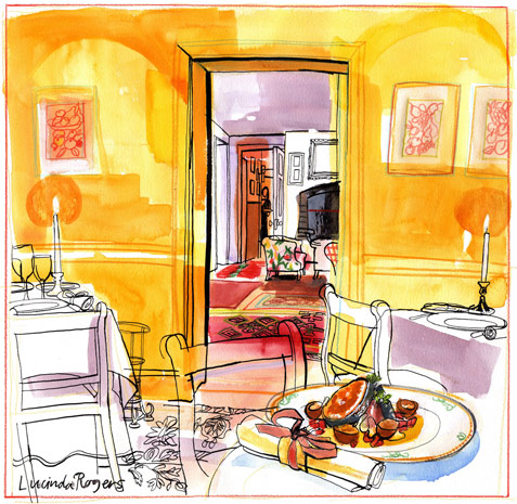 lucinda rogers illustration watercolour restaurant royal oak yattendon andrew lloyds webber column