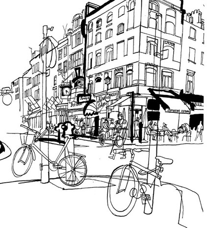 lucinda rogers drawing black and white cityscape bicycles street scene dictionary of urbanism