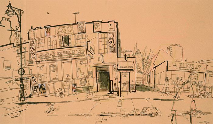 lucinda rogers drawing ink collage brick lane osborn street brick lane london B2B street scene cityscape
