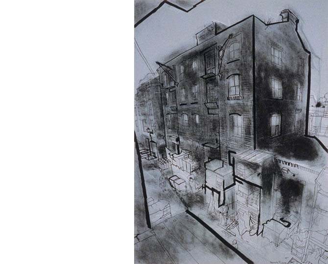 lucinda rogers ink drawing crayon charcoal london life shoreditch london east end cityscape street scene 