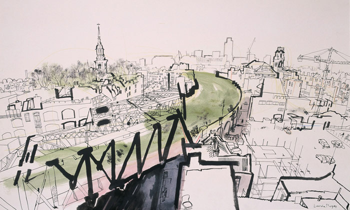 lucinda rogers drawing ink watercolour london overground st leonards shoreditch east london line cityscape rooftops 