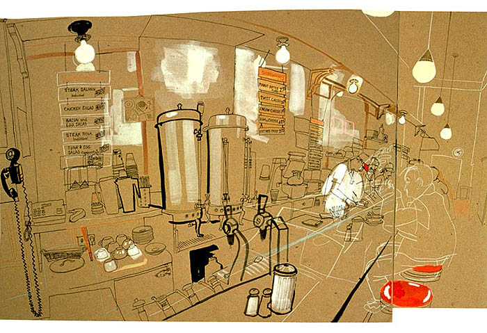 lucinda rogers ink drawing Eisenbergs Sandwich flatiron new york city diner street scene 
