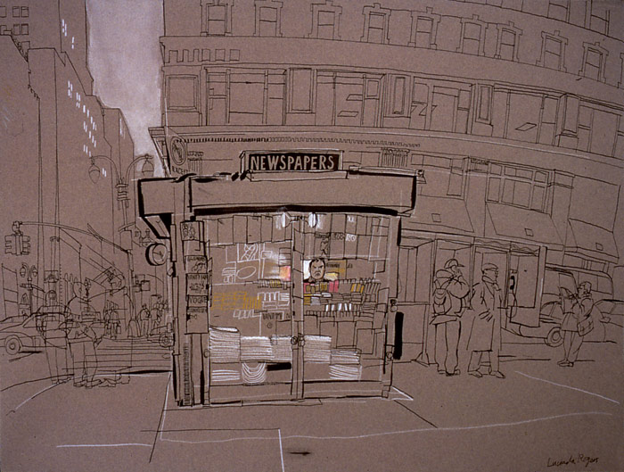 lucinda rogers ink drawing watercolour new york city street scene cityscape newsstand 42nd street