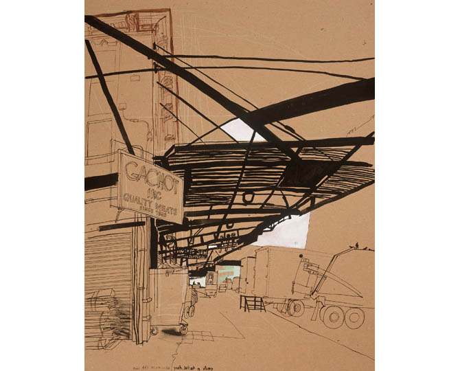 lucinda rogers drawing black and white ink new york city street scene meat packing district gachot 