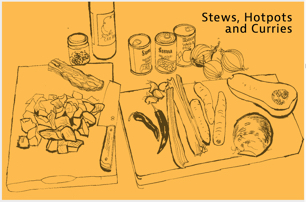 Drawing of ingredients for stews, hotpots and curries