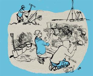 Drawing of archeologists at work